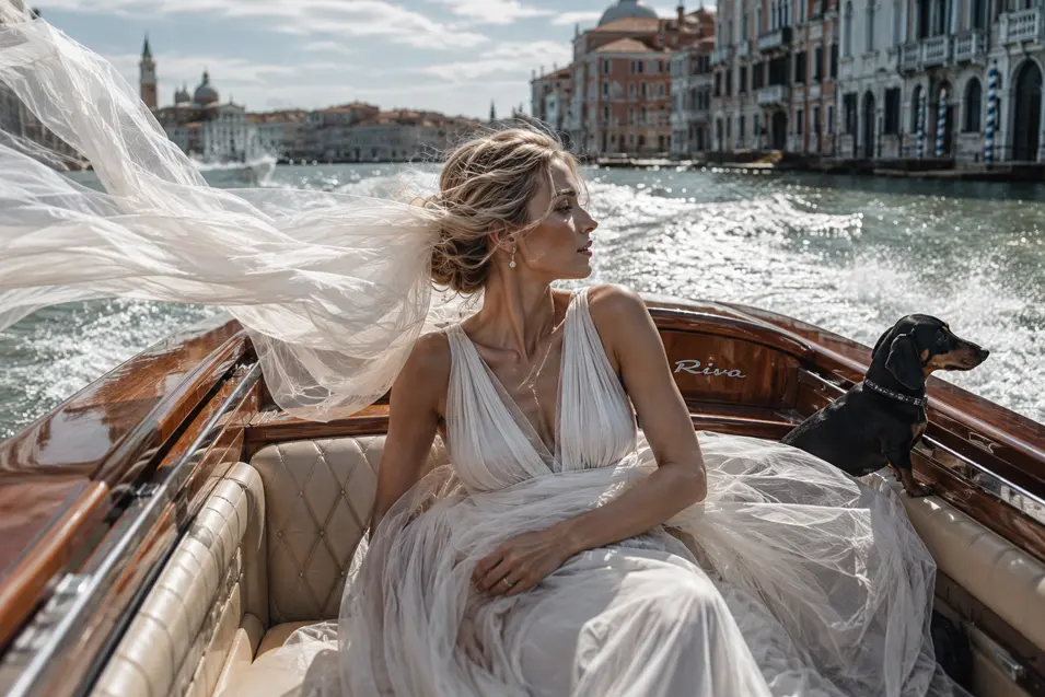 A bride and her dachshund cruise through Venice in a classic wooden boat, her flowing veil catching the breeze along the Grand Canal.