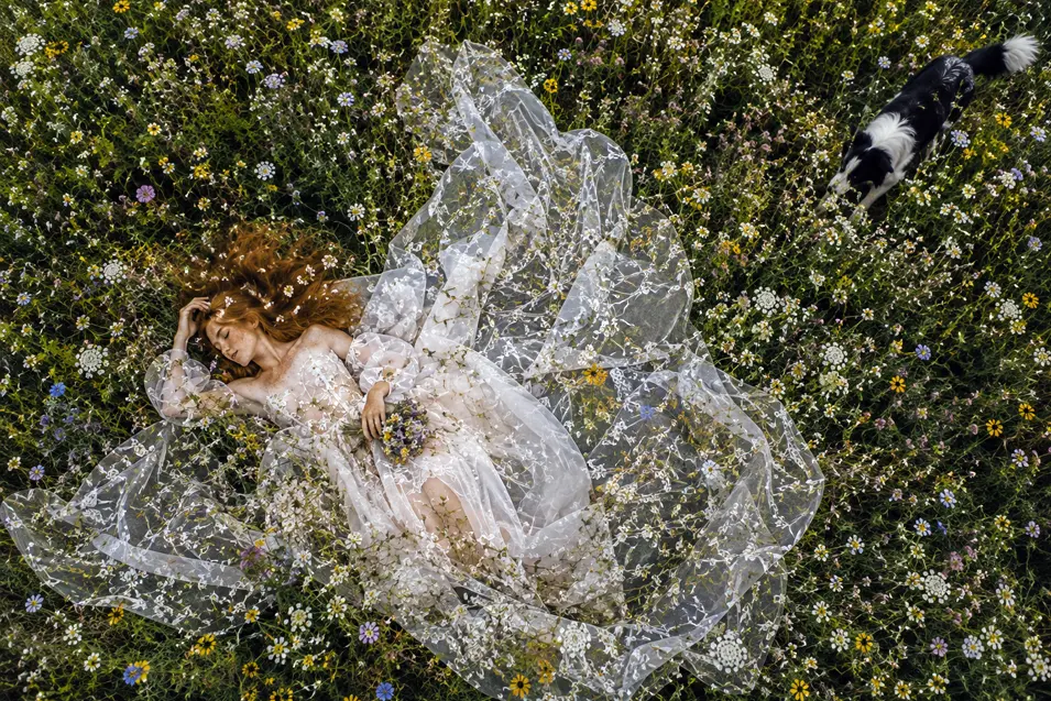A red-haired bride rests in a wildflower meadow, her sheer floral gown spreading among the blooms as a black-and-white dog wanders nearby.