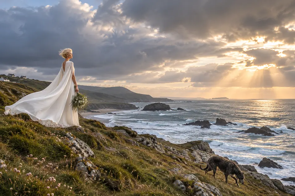 A bride and her dog overlook a rugged coastline at sunset, her flowing white gown caught in the wind beneath a dramatic, glowing sky.