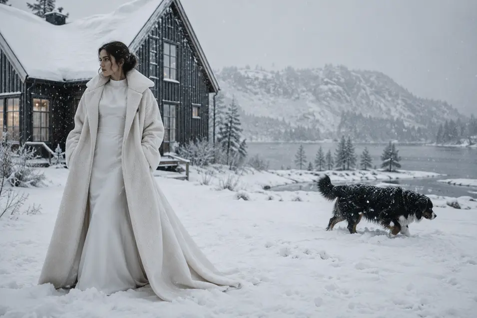 A bride in an elegant white gown and coat stands in falling snow as her dog explores beside a secluded lakeside cabin and mountain landscape.