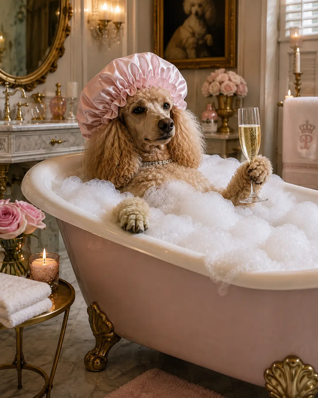 Poodle relaxes in a luxurious pink bubble bath wearing a satin shower cap and holding a champagne glass in an elegant vintage bathroom.