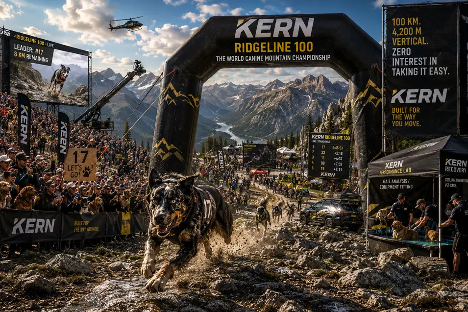 Extreme canine mountain race ad shows dogs charging across rugged alpine terrain in the 100 km KERN Ridgeline championship.