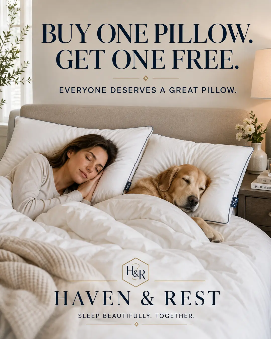 A woman and her dog sleep side by side on matching pillows in a playful buy-one-get-one-free luxury bedding ad.
