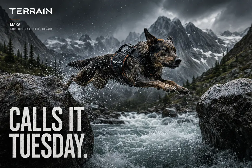 Outdoor gear ad captures an athletic dog leaping across a raging mountain stream, turning an ordinary Tuesday into a backcountry adventure.