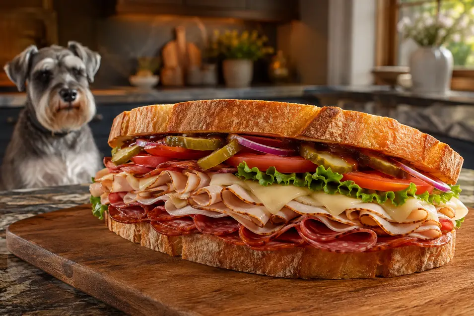 A towering deli sandwich packed with meats, cheese and fresh toppings sits on a board while a Schnauzer watches from the kitchen.