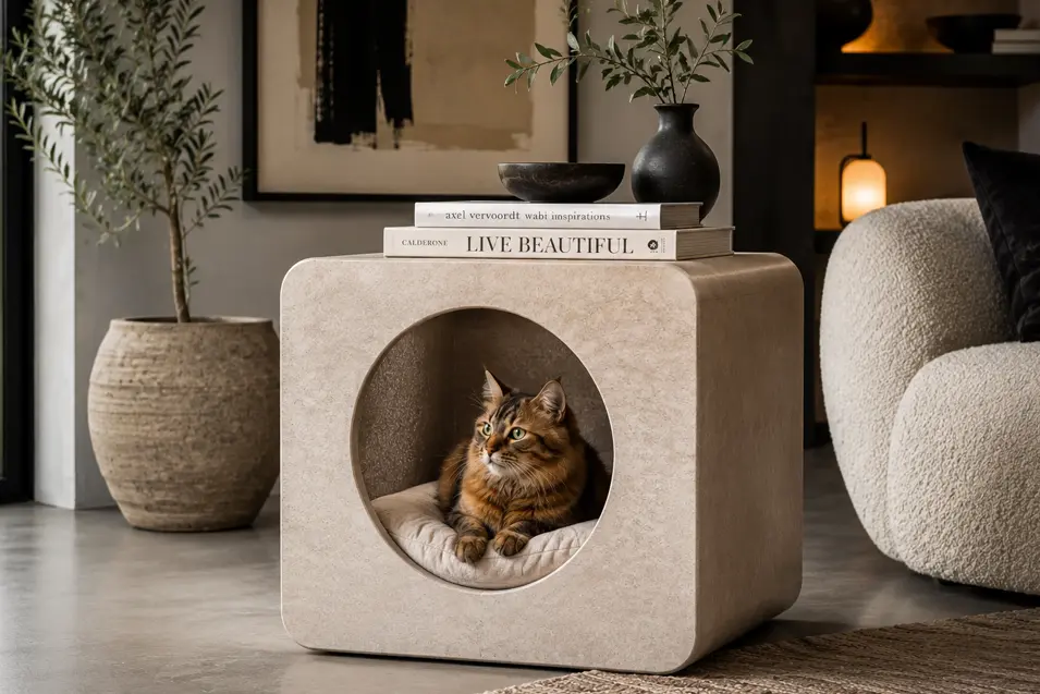 Cozy tabby cat lounging inside a stylish stone side table with a built-in pet bed in a warm, modern living room.