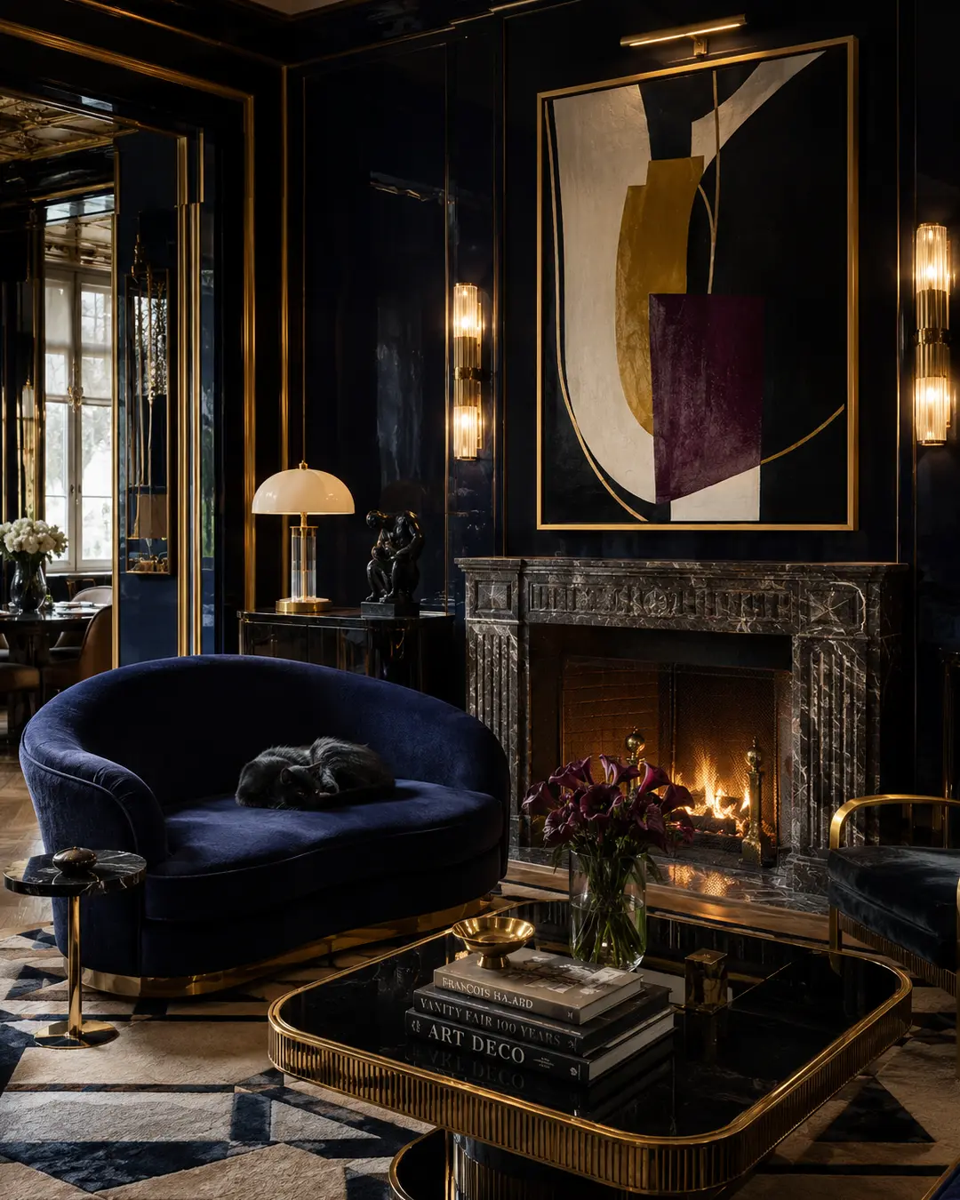 A black cat sleeps on a navy velvet sofa in a glamorous Art Deco room with lacquered walls, brass accents, bold art and a glowing fireplace.