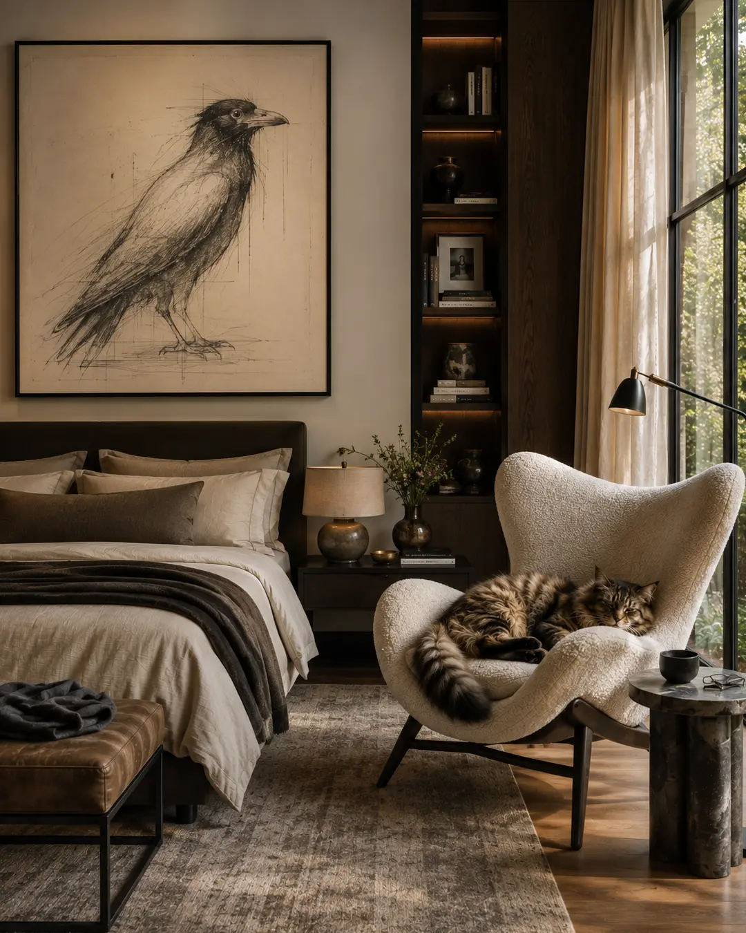 A fluffy tabby curls into a sculptural cream chair in a sophisticated bedroom featuring warm wood, soft textures and dramatic raven art.