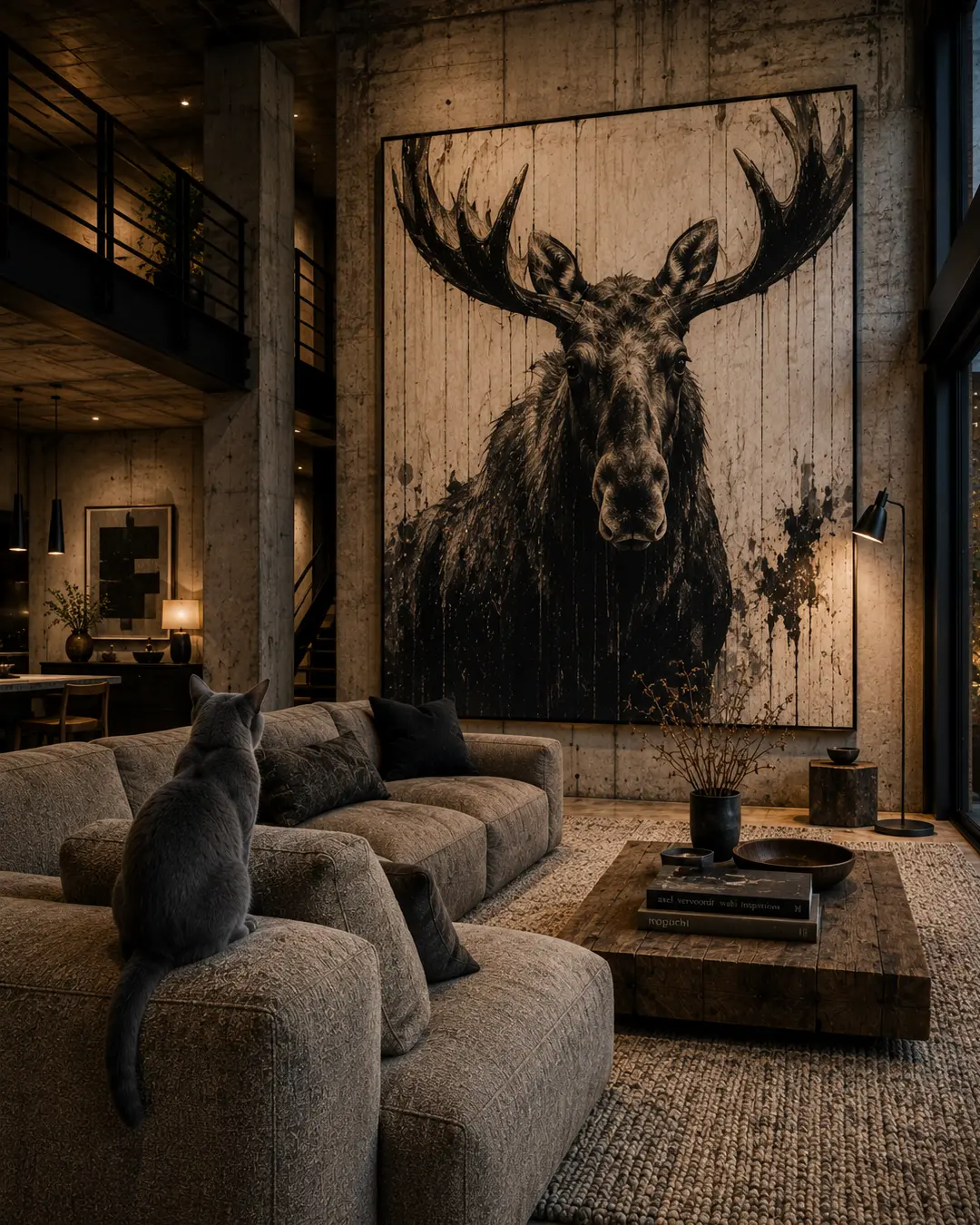 A grey cat faces monumental moose artwork in a dramatic concrete loft filled with sculptural furniture, warm wood and moody lighting.