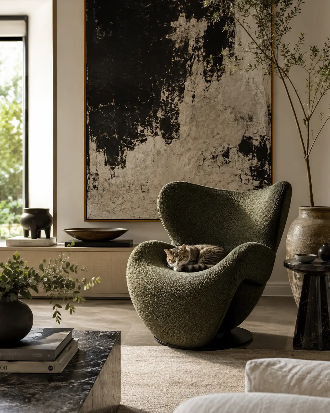 A tabby cat claims a sculptural olive-green chair beneath dramatic abstract art in a sophisticated, sunlit contemporary living room.