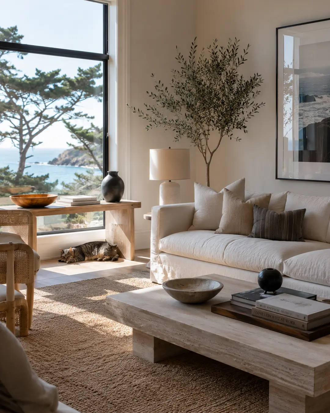 A tabby naps in a sunbeam beneath a console in a serene coastal living room with natural textures, modern art and sweeping ocean views.