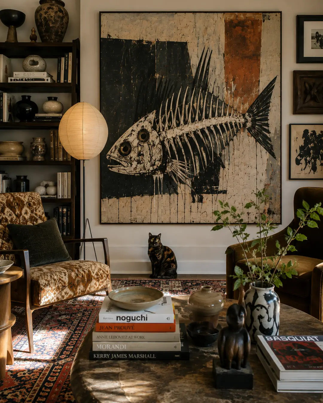 A tortoiseshell cat sits beneath an enormous skeletal fish painting in an eclectic collector’s room filled with art, ceramics and vintage furniture.