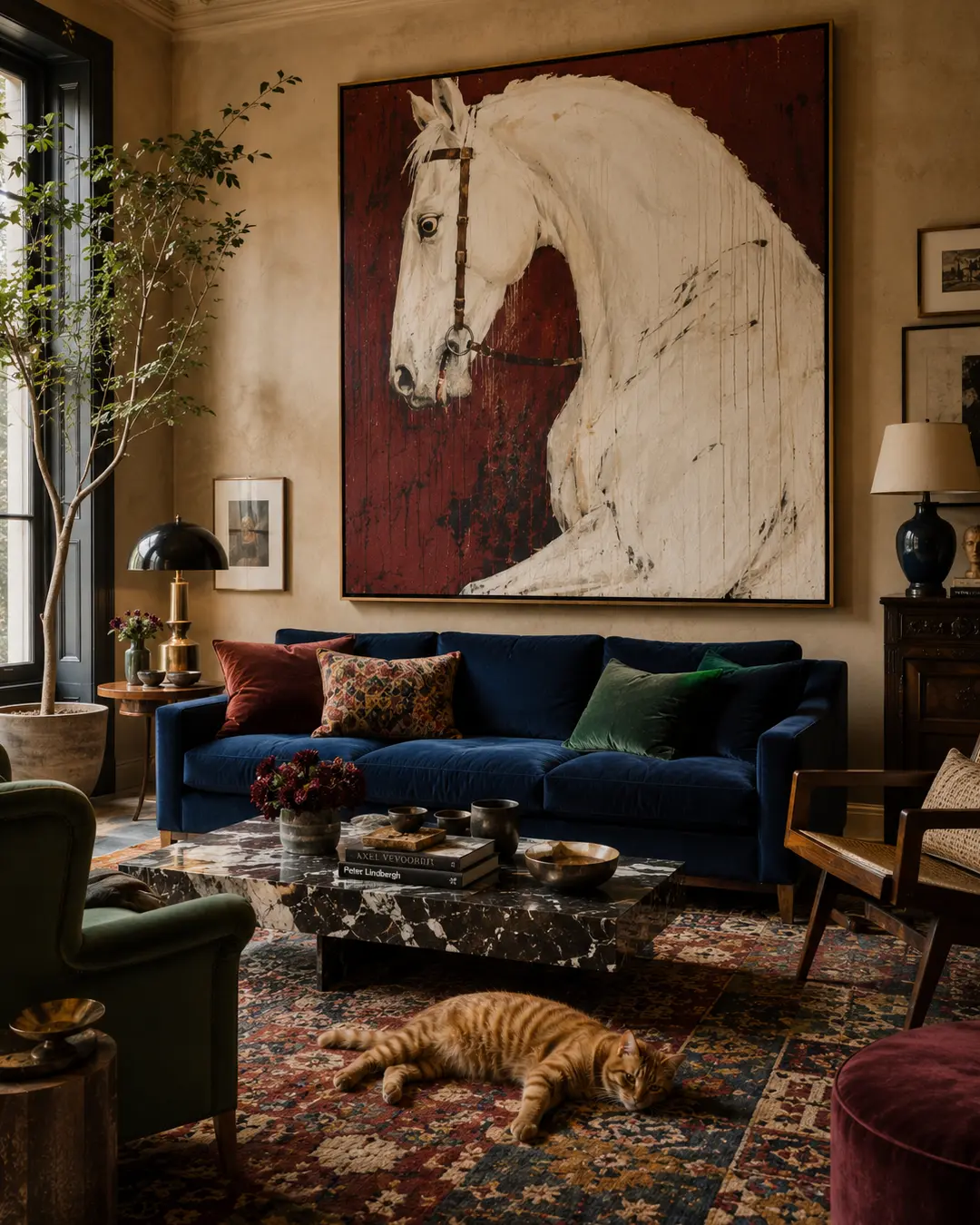 An orange tabby lounges on a richly patterned rug beneath monumental white horse art in a sophisticated, jewel-toned living room.