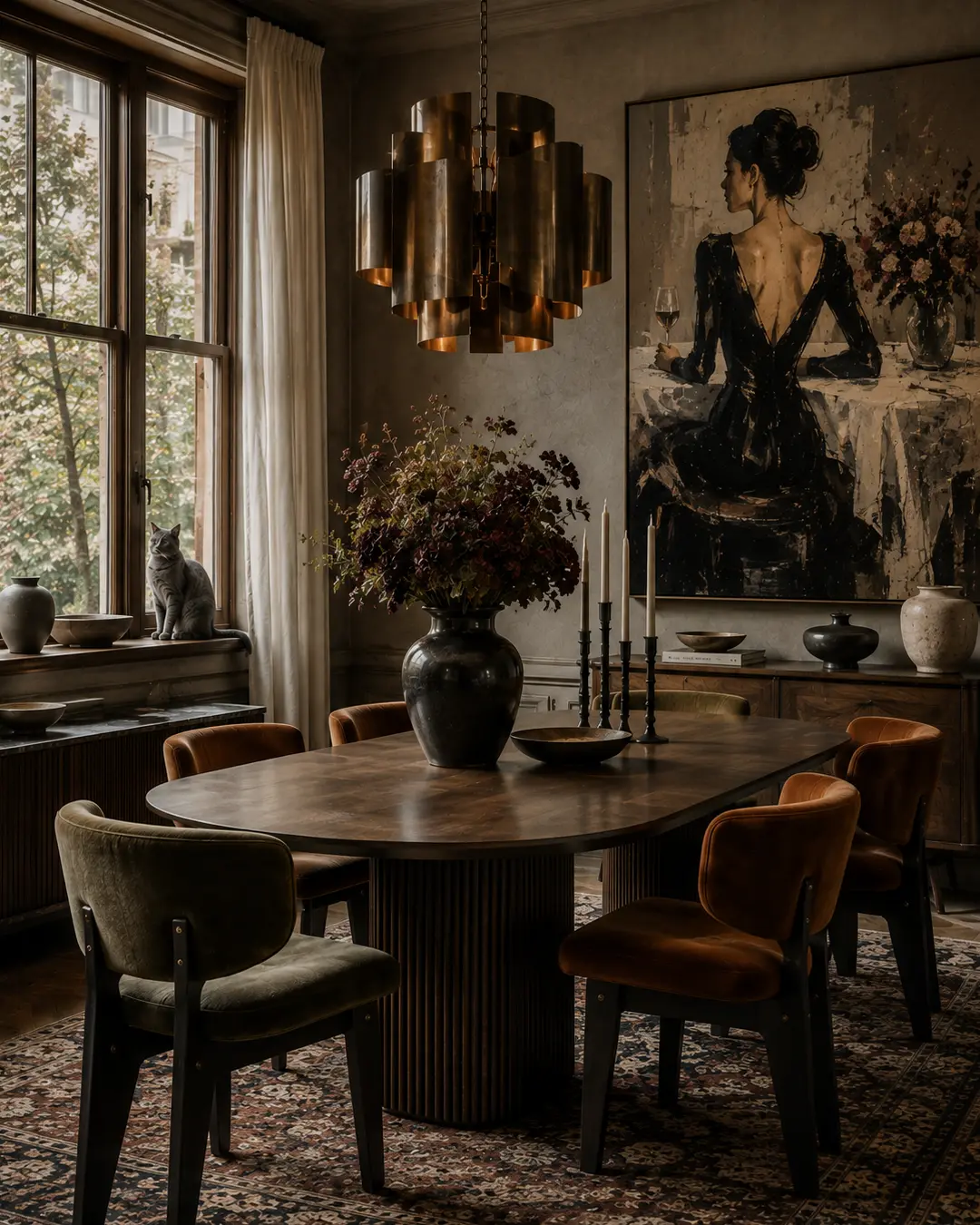 A grey cat perches on a windowsill in a moody, elegant dining room with rich velvet chairs, sculptural lighting and dramatic portrait art.