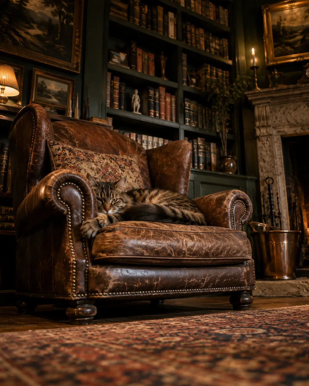 A tabby cat settles into a worn leather armchair in a richly layered English library filled with books, antique art and a glowing fire.