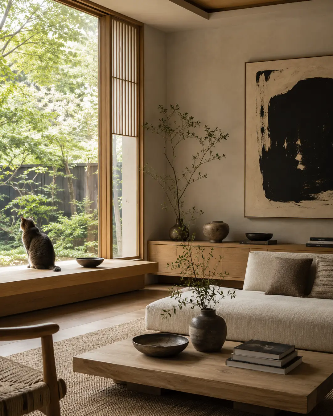 A tabby cat watches the garden from a built-in window seat in a serene Japandi living room with warm wood, ceramics and bold abstract art.