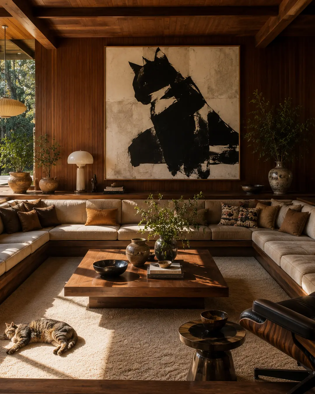 A tabby naps in a patch of sunlight in a spectacular mid-century living room with warm wood, iconic furniture and oversized cat art.