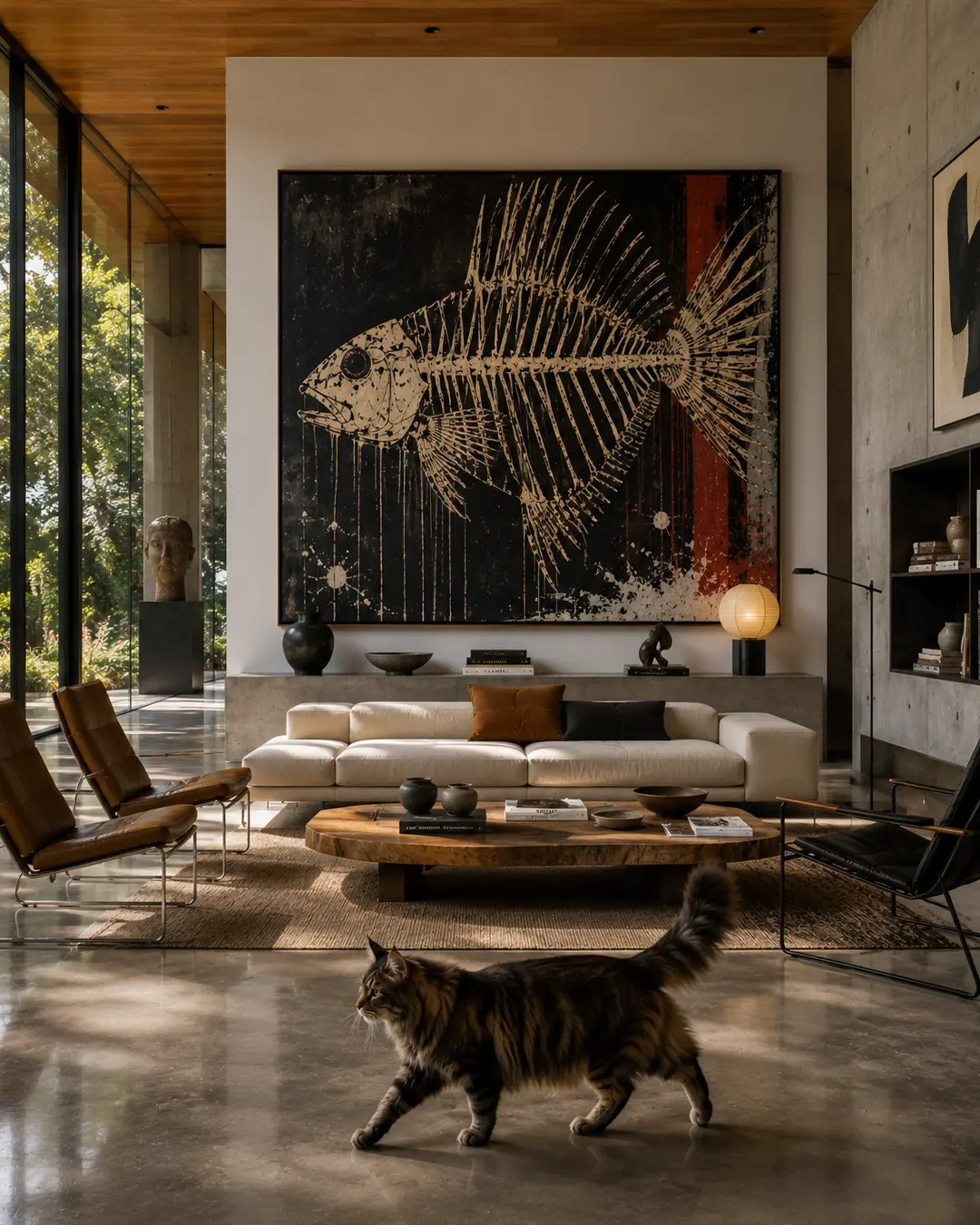 A fluffy tabby crosses a striking modern living room where monumental fish-skeleton art dominates the warm wood, concrete and glass interior.