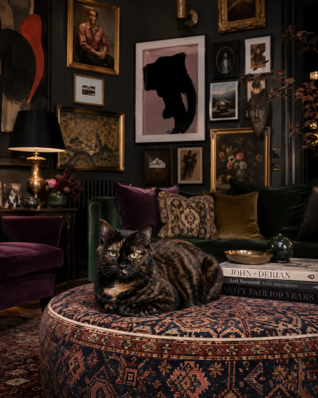 A tortoiseshell cat commands a patterned ottoman in a richly layered maximalist room filled with velvet furniture, eclectic art and antiques.