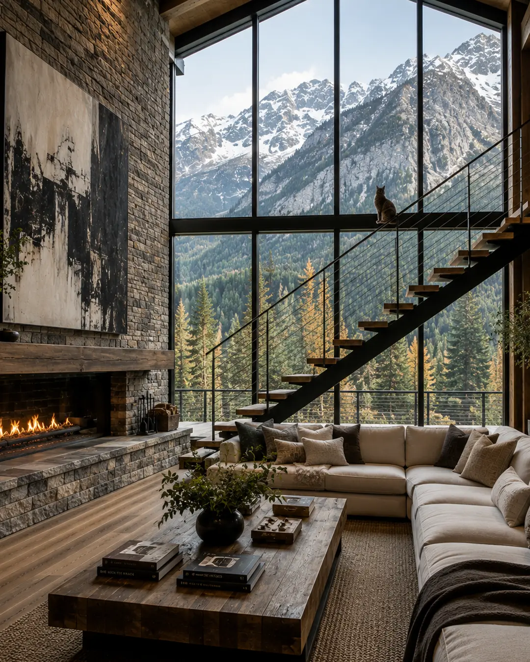 A cat pauses on a floating staircase in a spectacular mountain-modern home with soaring windows, rugged stone, warm timber and alpine views.