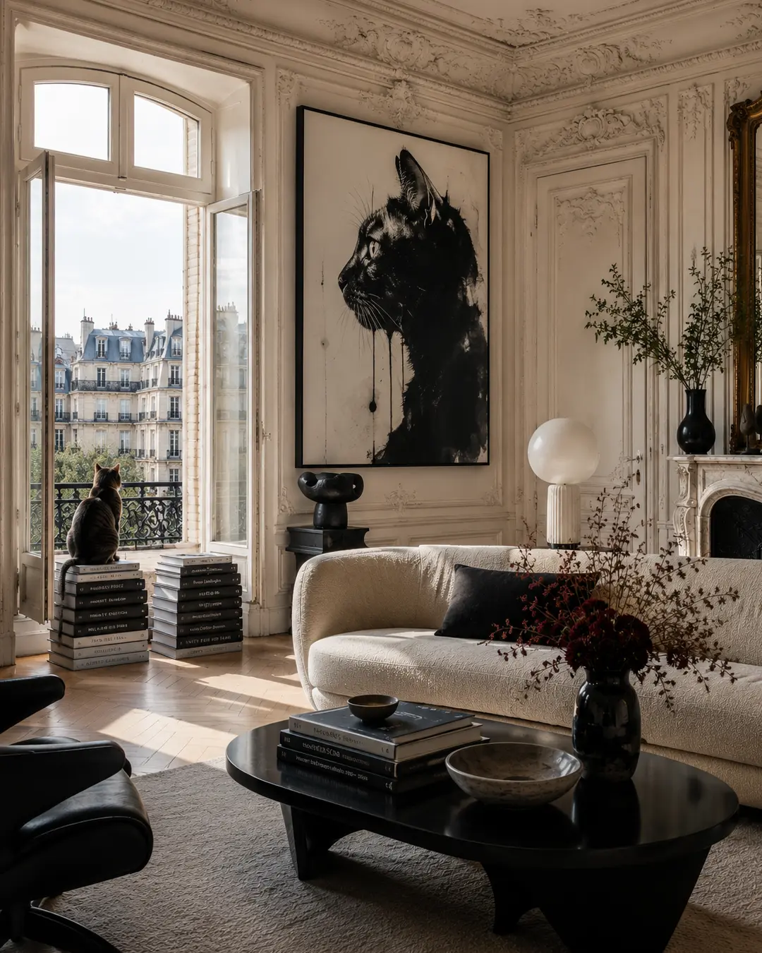 A cat perches by an open Parisian window in an ornate apartment where dramatic feline art, sculptural furniture and classic architecture meet.