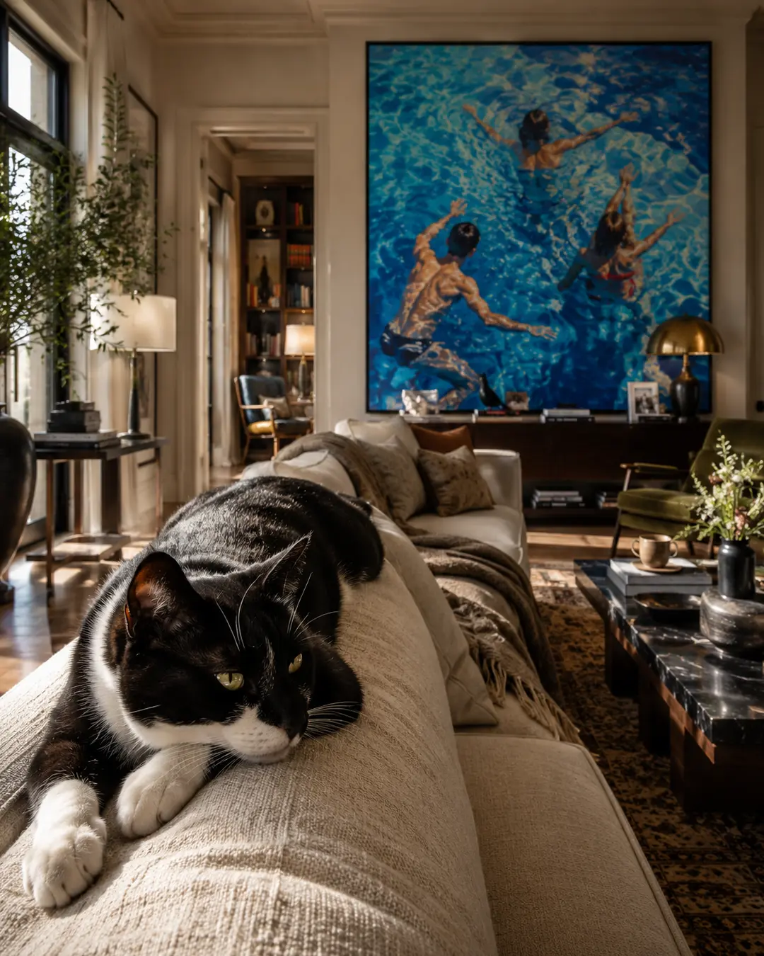 A tuxedo cat lounges along a cream sofa beneath vibrant swimming-pool art in a sophisticated, sunlit living room filled with layered textures.