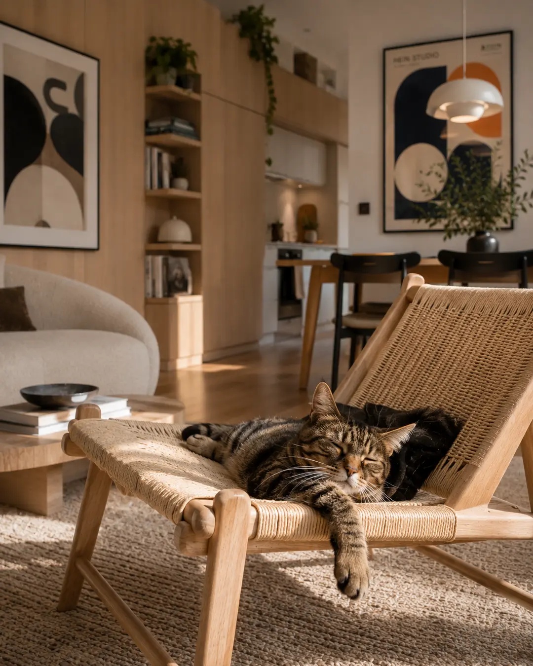 A tabby cat sprawls across a woven lounge chair in a warm Scandinavian apartment with natural wood, graphic art and soft afternoon light.