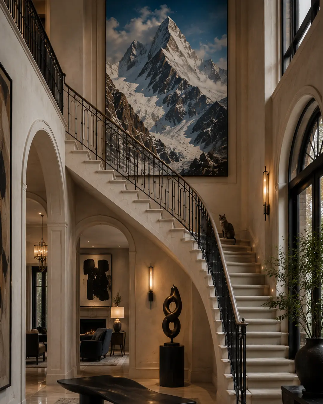 A cat pauses on a sweeping staircase beneath monumental mountain art in a grand contemporary foyer with sculptural furnishings and soaring arches.