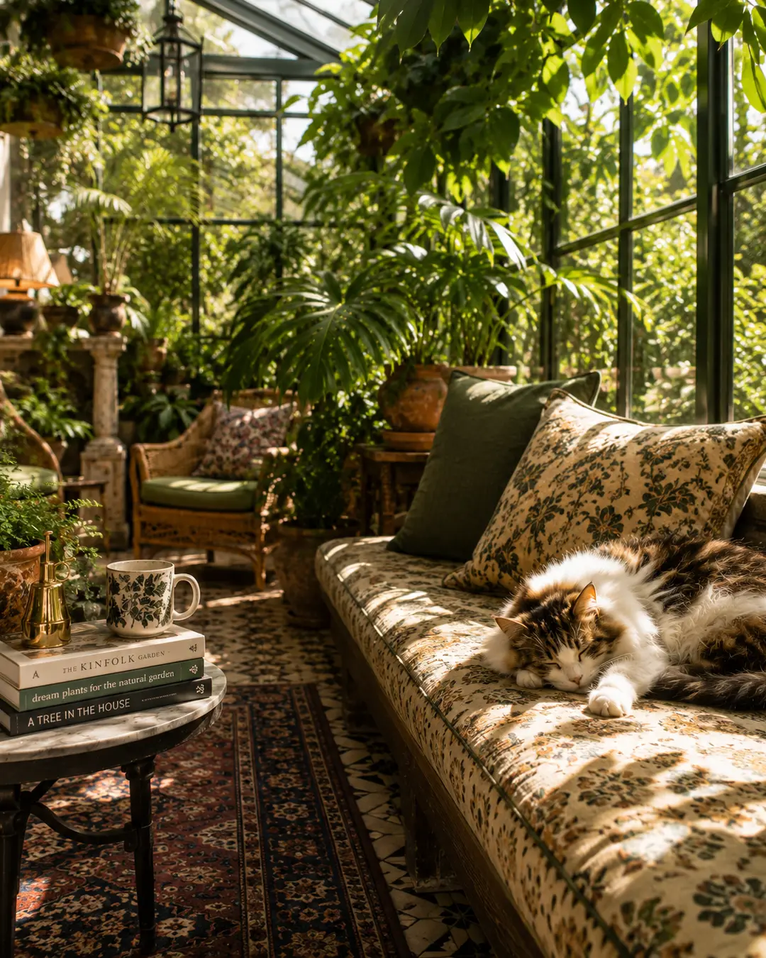 A fluffy cat naps on a floral daybed in a lush glass conservatory filled with tropical plants, vintage textiles and warm dappled sunlight.