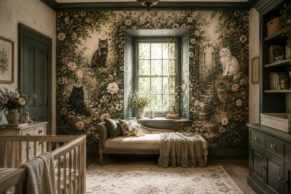 A moody enchanted garden cat mural nursery where elegant cats appear among climbing roses and shadowy greenery, creating a magical old-world retreat.