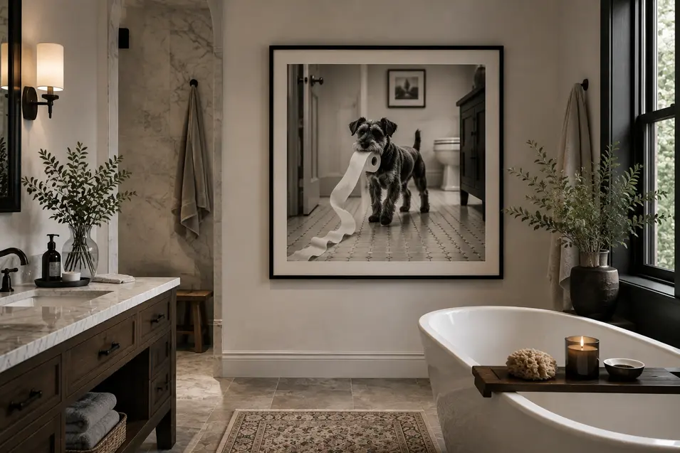 Warm, elegant bathroom with marble, wood cabinetry, a soaking tub, and oversized black-and-white art of a mischievous dog stealing toilet paper.