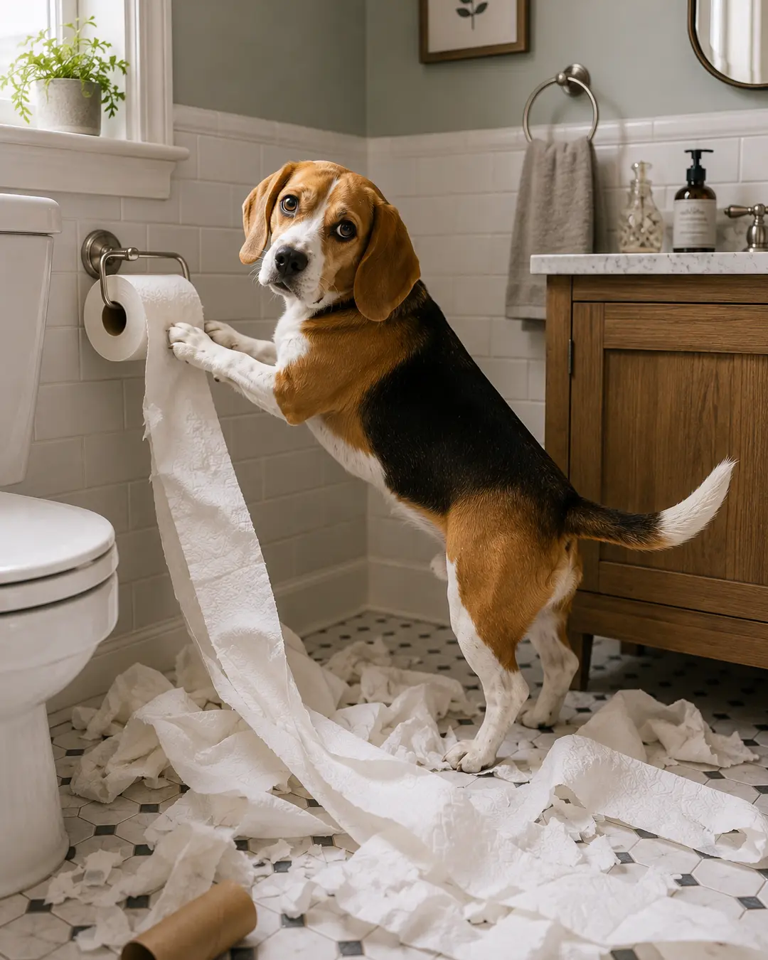 Beagle caught unraveling a roll of toilet paper across the bathroom floor gives an adorably guilty look at the camera.
