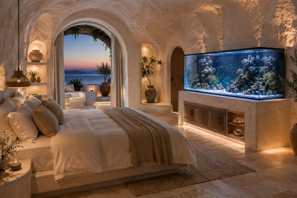 Dreamy Santorini-style bedroom with softly lit arches, warm natural textures, sunset sea views, and a spectacular built-in reef aquarium.