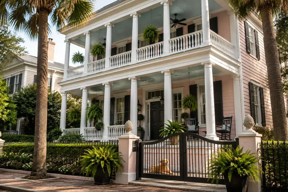Pastel Charleston home with stacked porches, white columns, palms, rocking chairs, lush ferns, and a dog resting behind an elegant gate.
