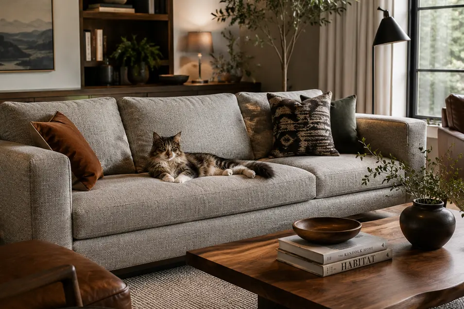 Warm modern living room with rich wood accents, layered neutral furnishings, greenery, and a relaxed tabby cat lounging on the sofa.