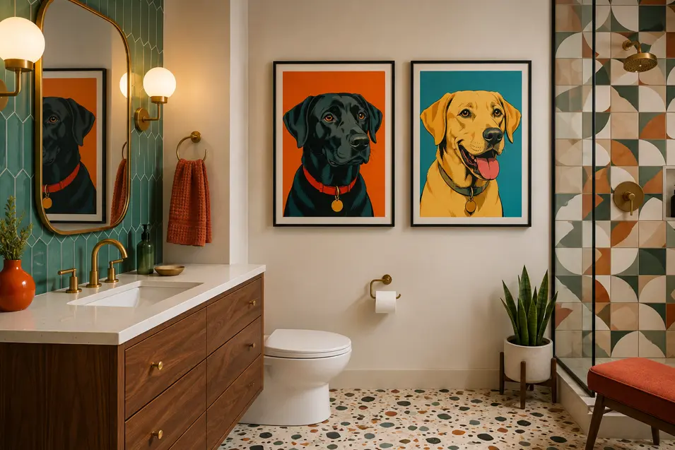 Colorful mid-century bathroom with warm wood, geometric tiles, brass accents, and bold pop-art portraits of two Labrador retrievers.