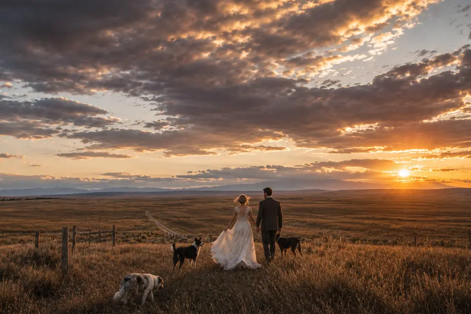 A newlywed couple and three dogs wander across open prairie at sunset, surrounded by endless country views beneath a spectacular glowing sky.