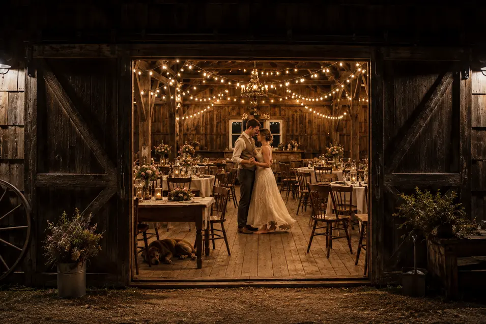A newlywed couple shares a quiet dance inside a warmly lit country barn while their dog sleeps nearby among rustic tables, flowers, and string lights.