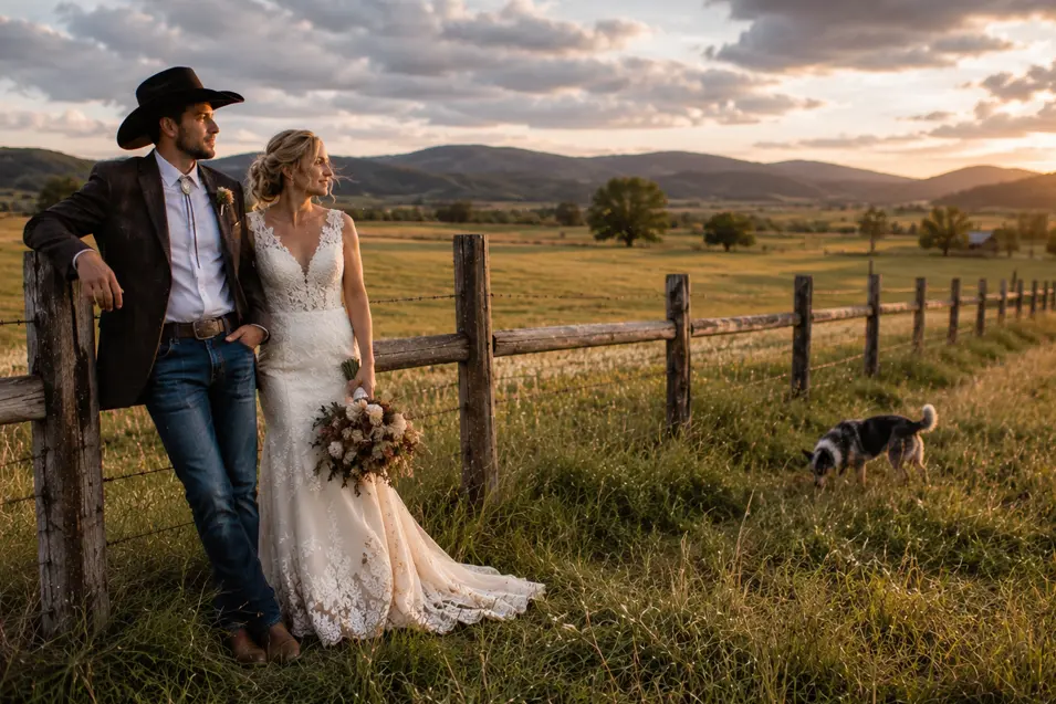 A country bride and groom share a quiet sunset moment beside a rustic fence while their dog explores the golden meadow beneath sweeping mountain skies.