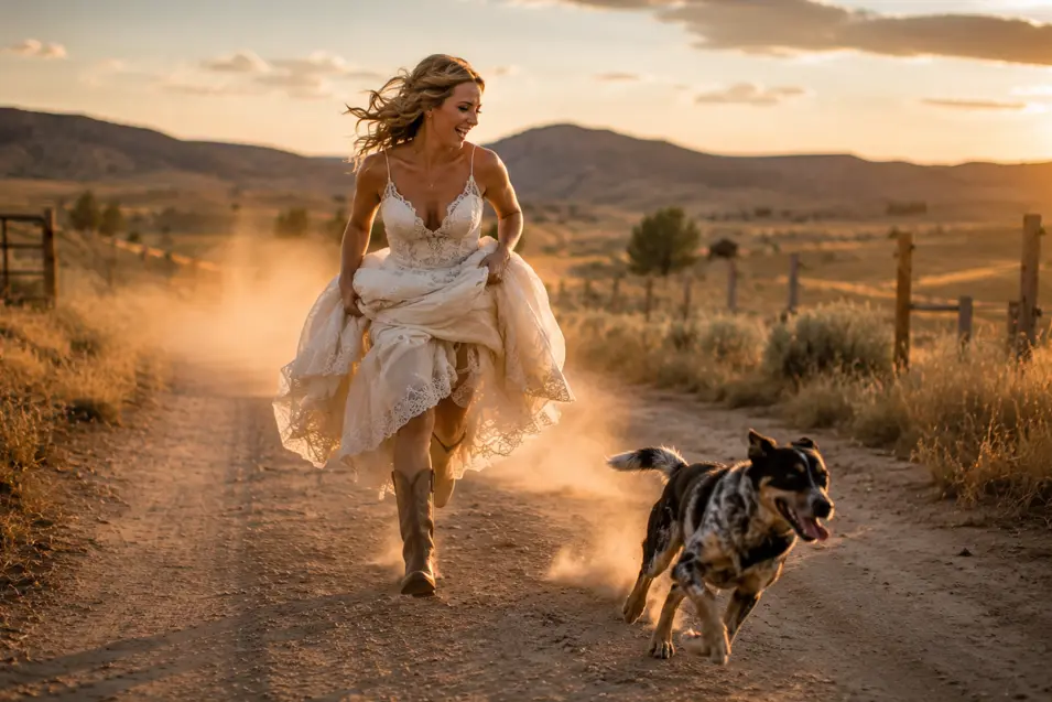 A joyful bride in cowboy boots runs down a dusty country road with her dog at sunset, kicking up dust against a mountain backdrop.