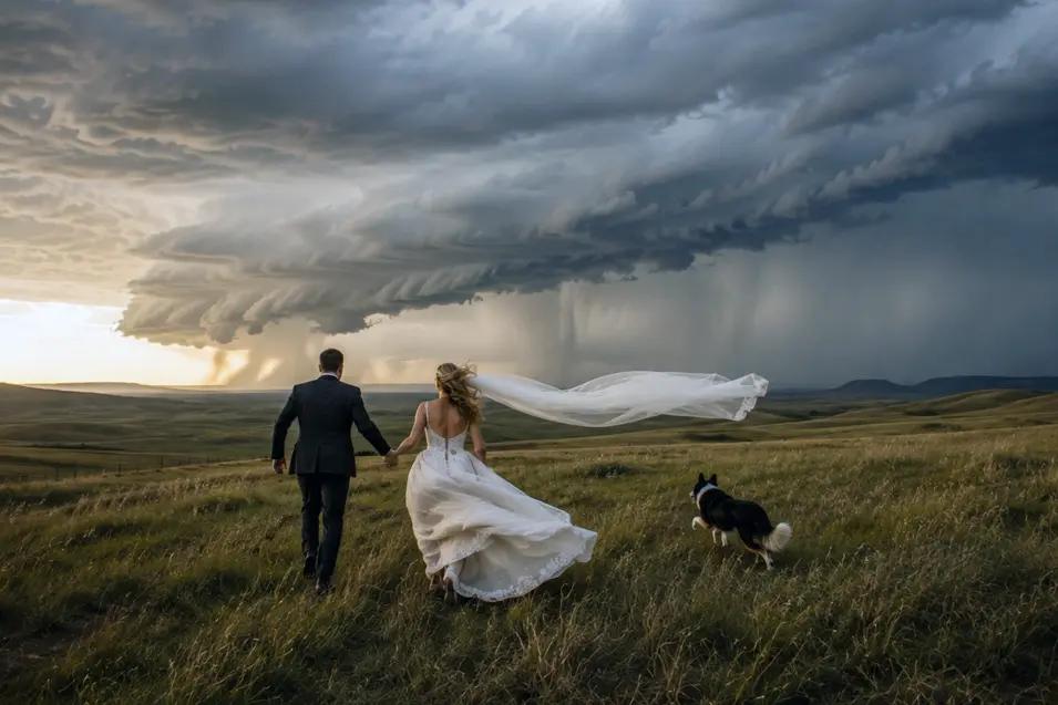 A newlywed couple and their dog cross windswept prairie beneath a spectacular approaching storm, with the bride’s veil flying behind her.