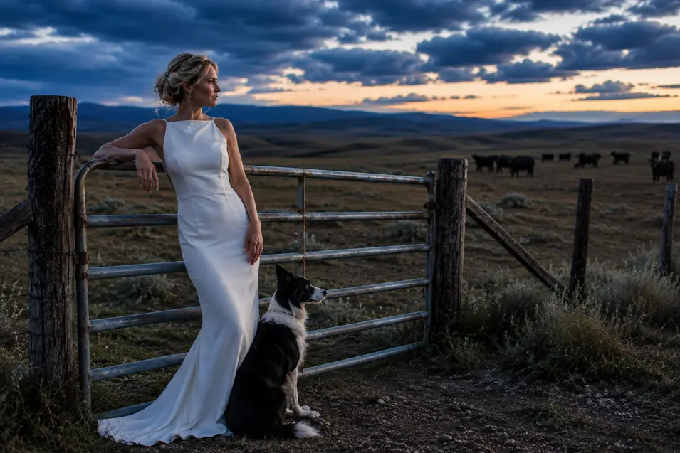 A bride in a sleek white gown stands beside her Border Collie at a ranch gate, overlooking grazing cattle beneath a dramatic country sunset.