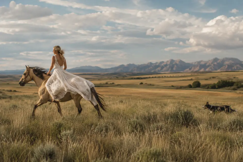 A bride rides horseback across open country while her dog runs alongside, with sweeping grasslands and rugged mountains beyond.