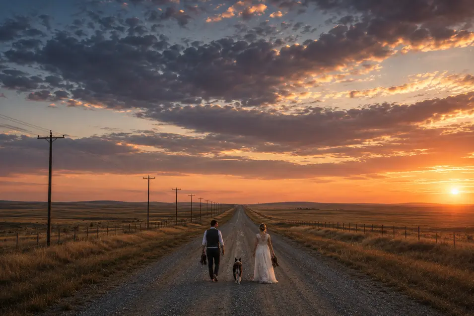 A newlywed couple and their dog walk down an endless gravel road at sunset, surrounded by open prairie beneath a spectacular glowing country sky.