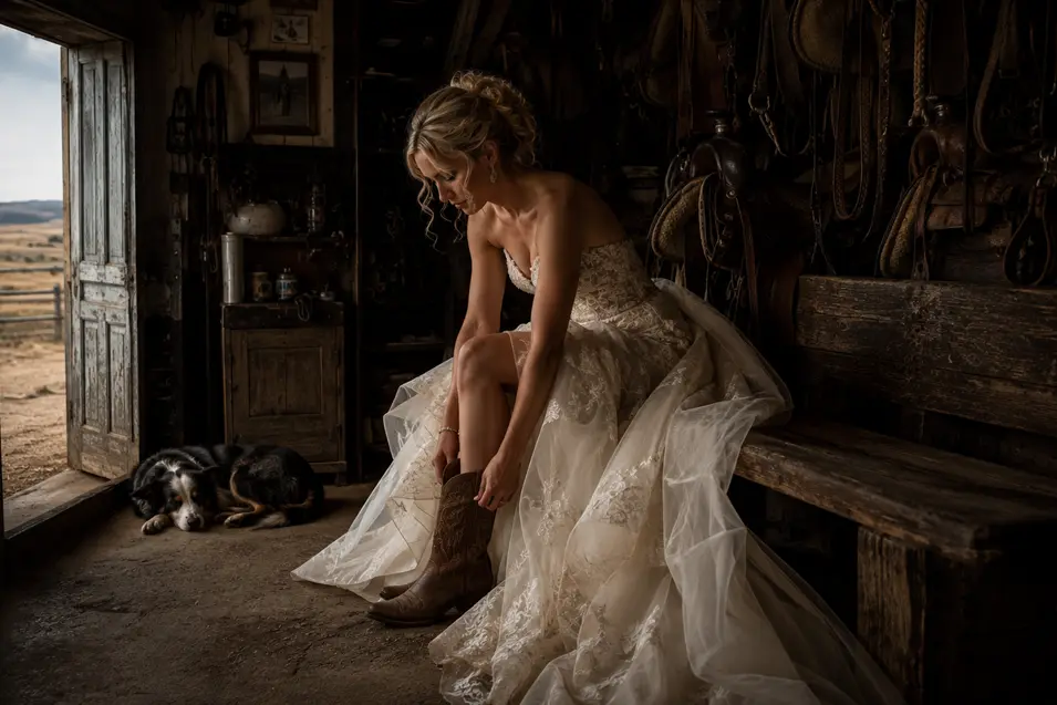 A bride pulls on her cowboy boots inside a weathered ranch tack room while her dog naps nearby, surrounded by saddles and authentic country character.