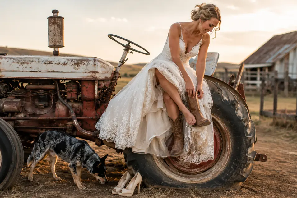 A bride pulls on cowboy boots while sitting on a vintage tractor as her dog explores the farmyard beside her.
