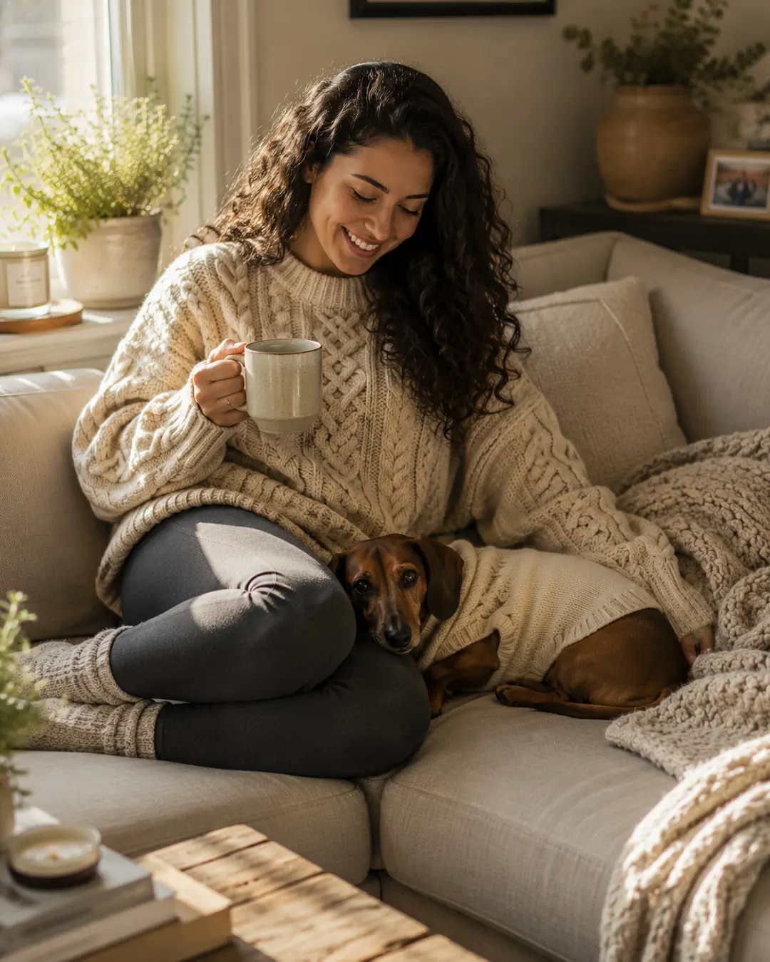 A woman in a cozy knit sweater enjoys a warm drink while cuddling with her dachshund in a matching sweater on a sunlit sofa.