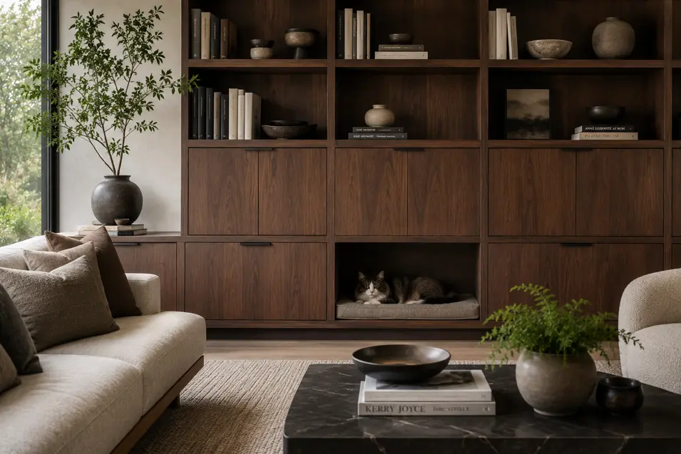 Elegant modern living room with dark wood built-ins, neutral furnishings, greenery, and a cozy cat nook integrated into the cabinetry.