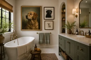 Inviting traditional bathroom with sage cabinetry, marble finishes, a freestanding tub, brass accents, and an elegant gallery of dog portraits.