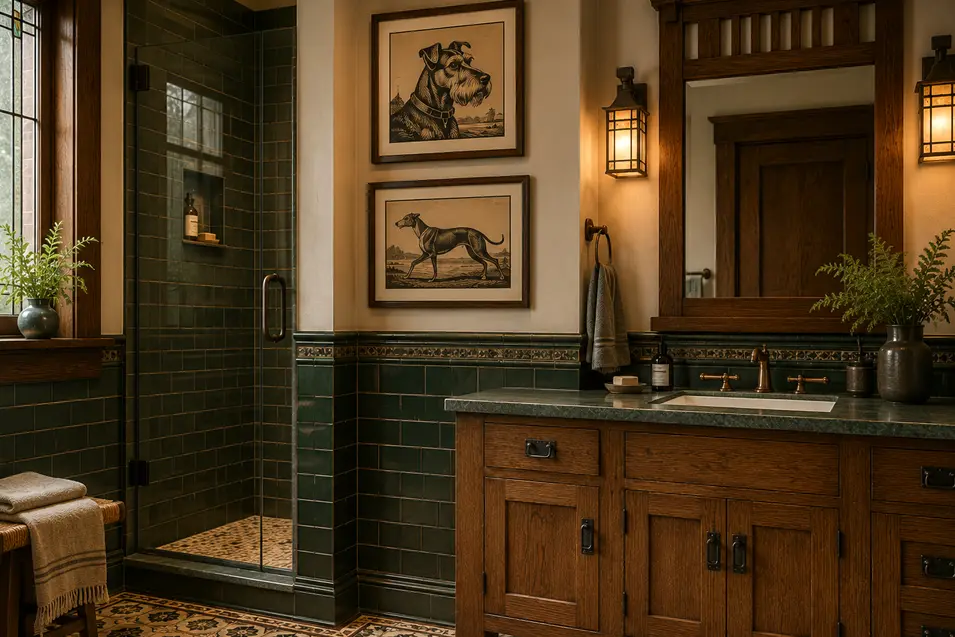 Craftsman-style bathroom with rich oak cabinetry, deep green tile, patterned floors, warm lighting, and vintage-inspired framed dog illustrations.